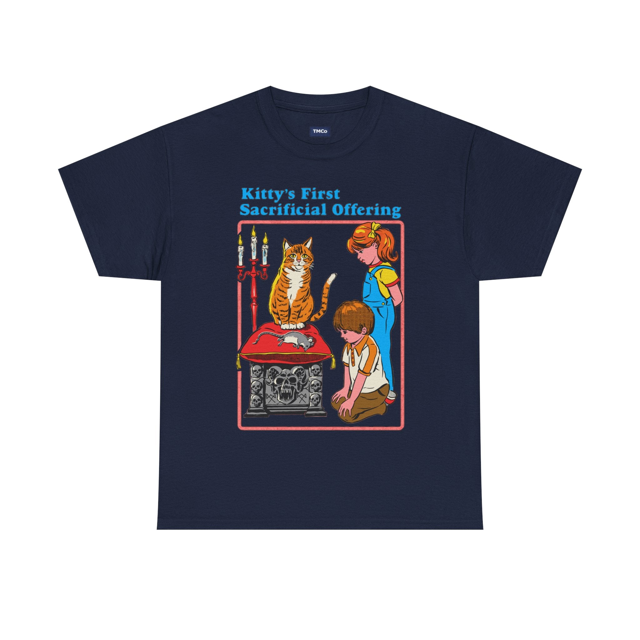 Cat Sacrifice T-Shirt — “Kitty’s First Sacrificial Offering” Retro Kids Illustration Tee