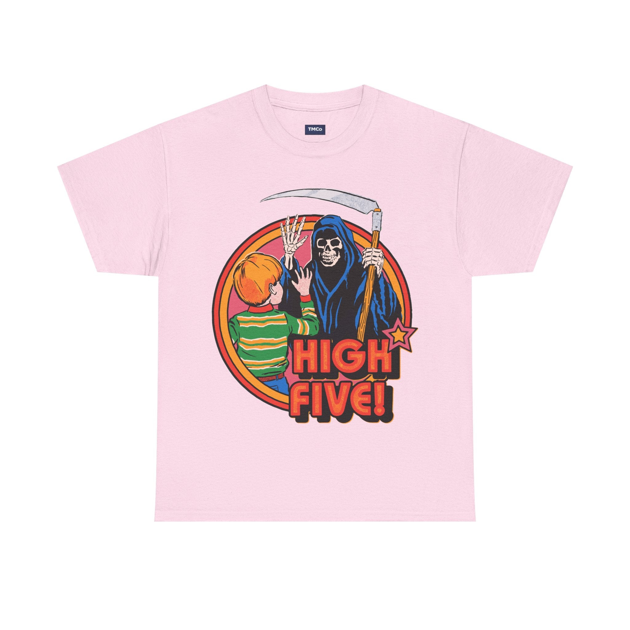 Graphic Tee — 'High Five!' Grim Reaper & Kid Retro Horror Illustration