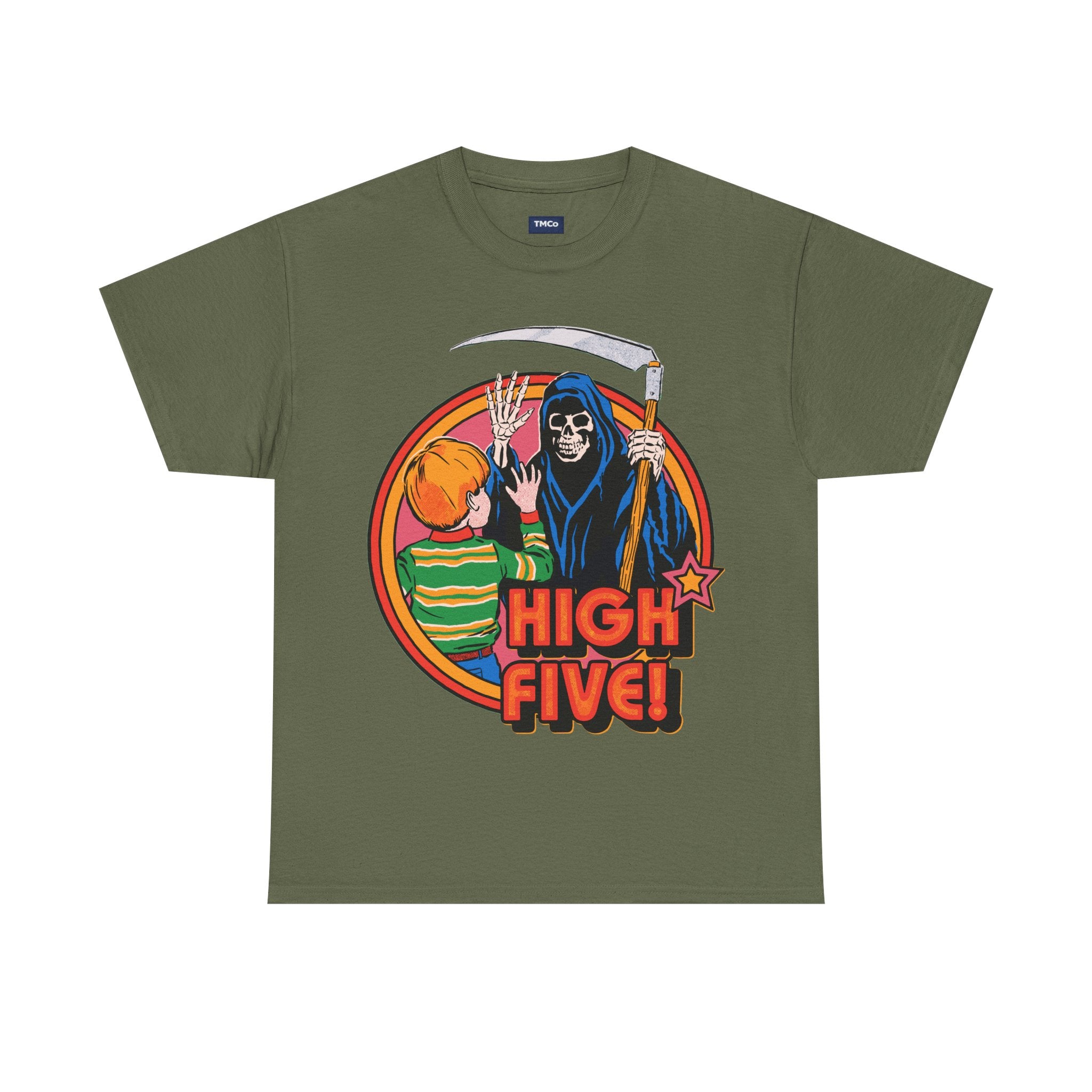 Graphic Tee — 'High Five!' Grim Reaper & Kid Retro Horror Illustration
