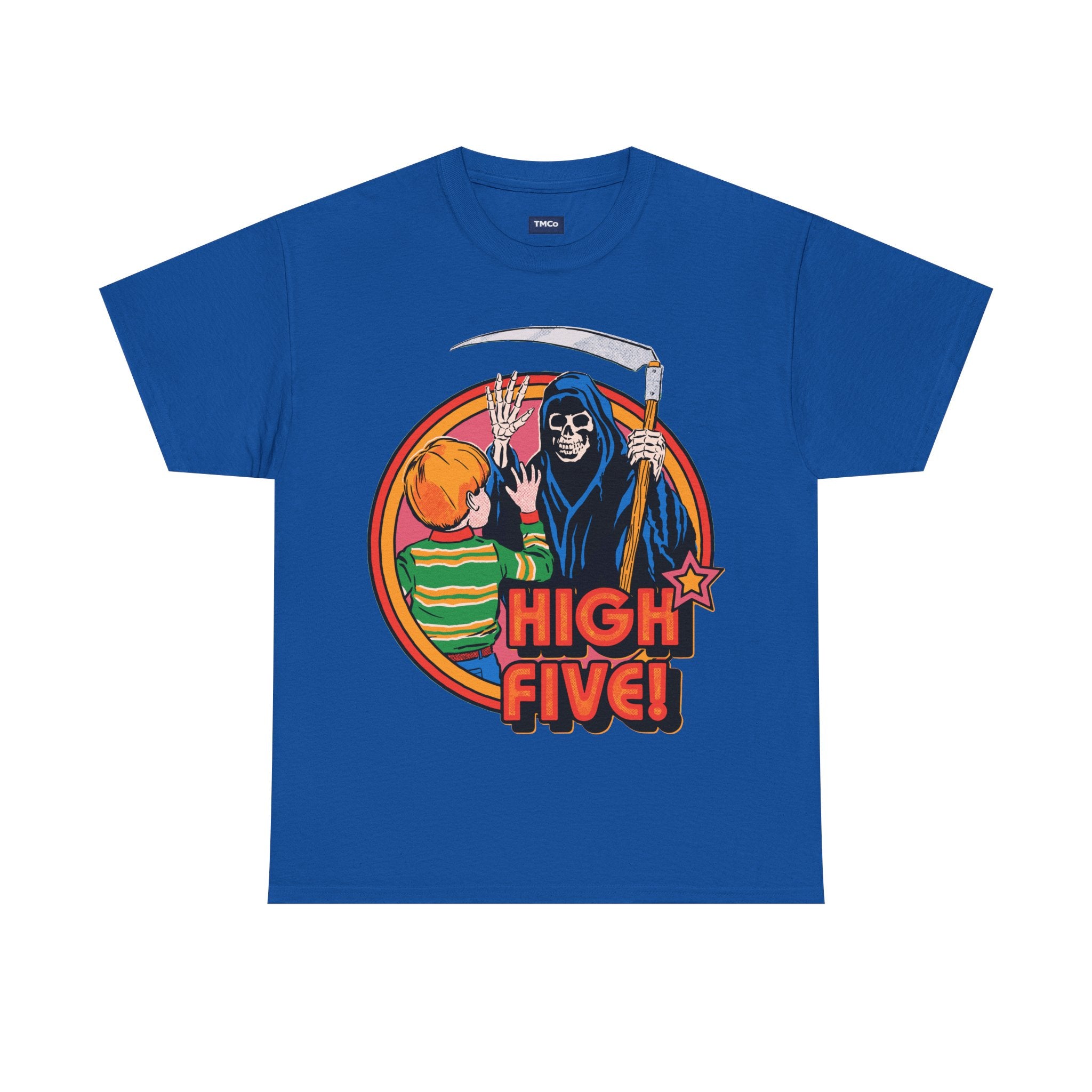 Graphic Tee — 'High Five!' Grim Reaper & Kid Retro Horror Illustration