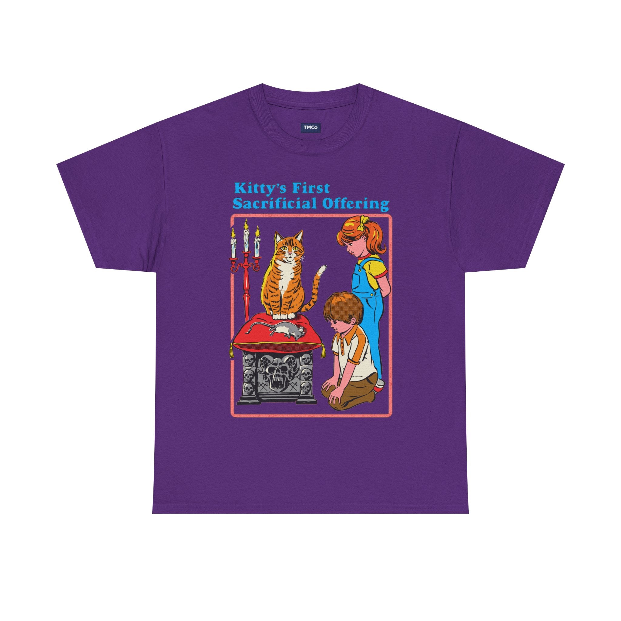 Cat Sacrifice T-Shirt — “Kitty’s First Sacrificial Offering” Retro Kids Illustration Tee