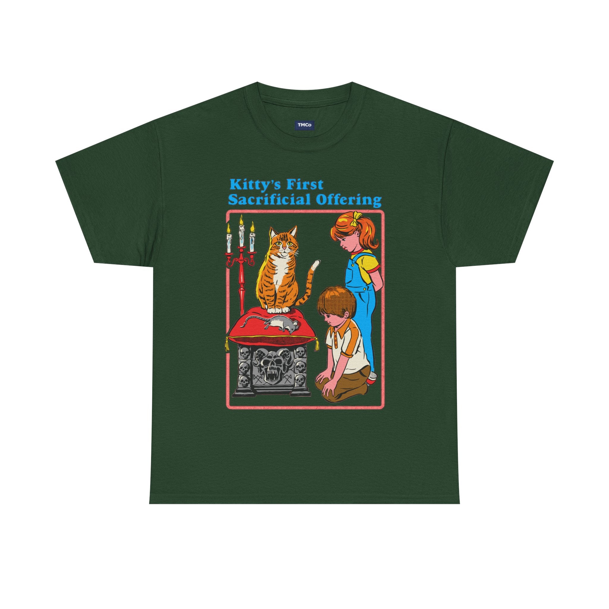 Cat Sacrifice T-Shirt — “Kitty’s First Sacrificial Offering” Retro Kids Illustration Tee