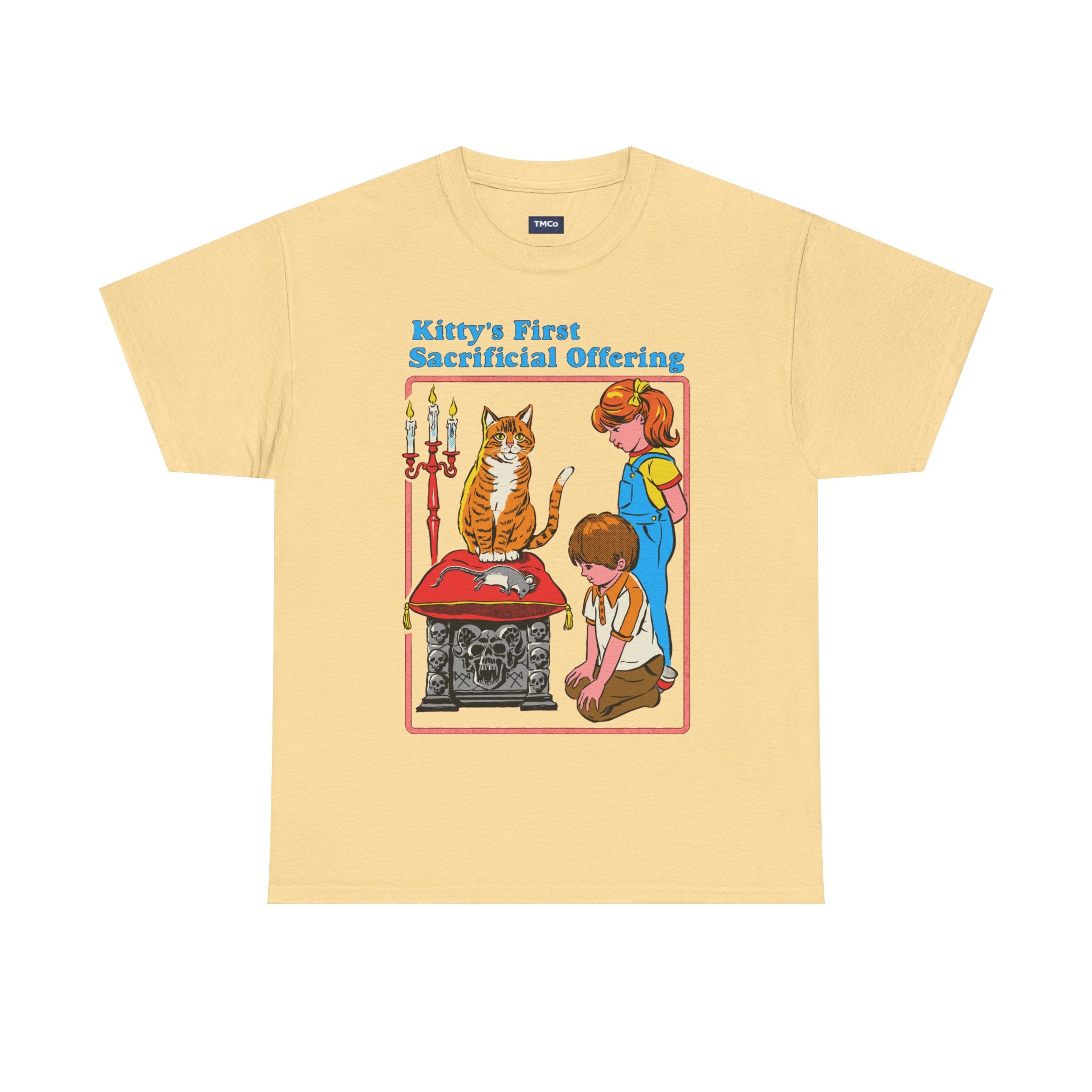 Cat Sacrifice T-Shirt — “Kitty’s First Sacrificial Offering” Retro Kids Illustration Tee