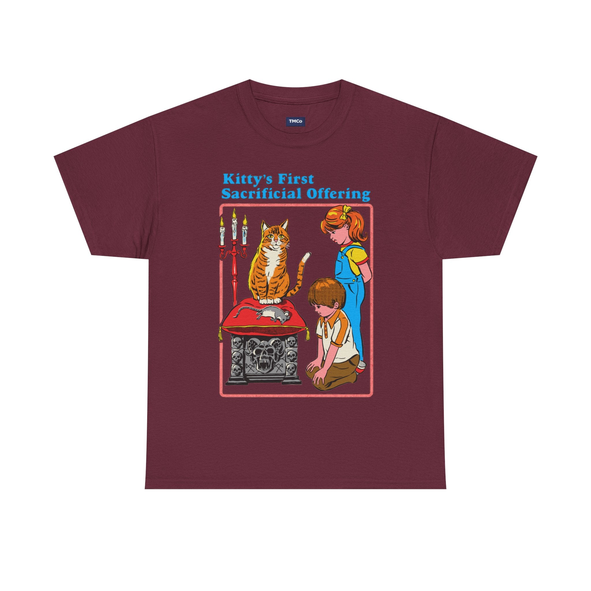Cat Sacrifice T-Shirt — “Kitty’s First Sacrificial Offering” Retro Kids Illustration Tee