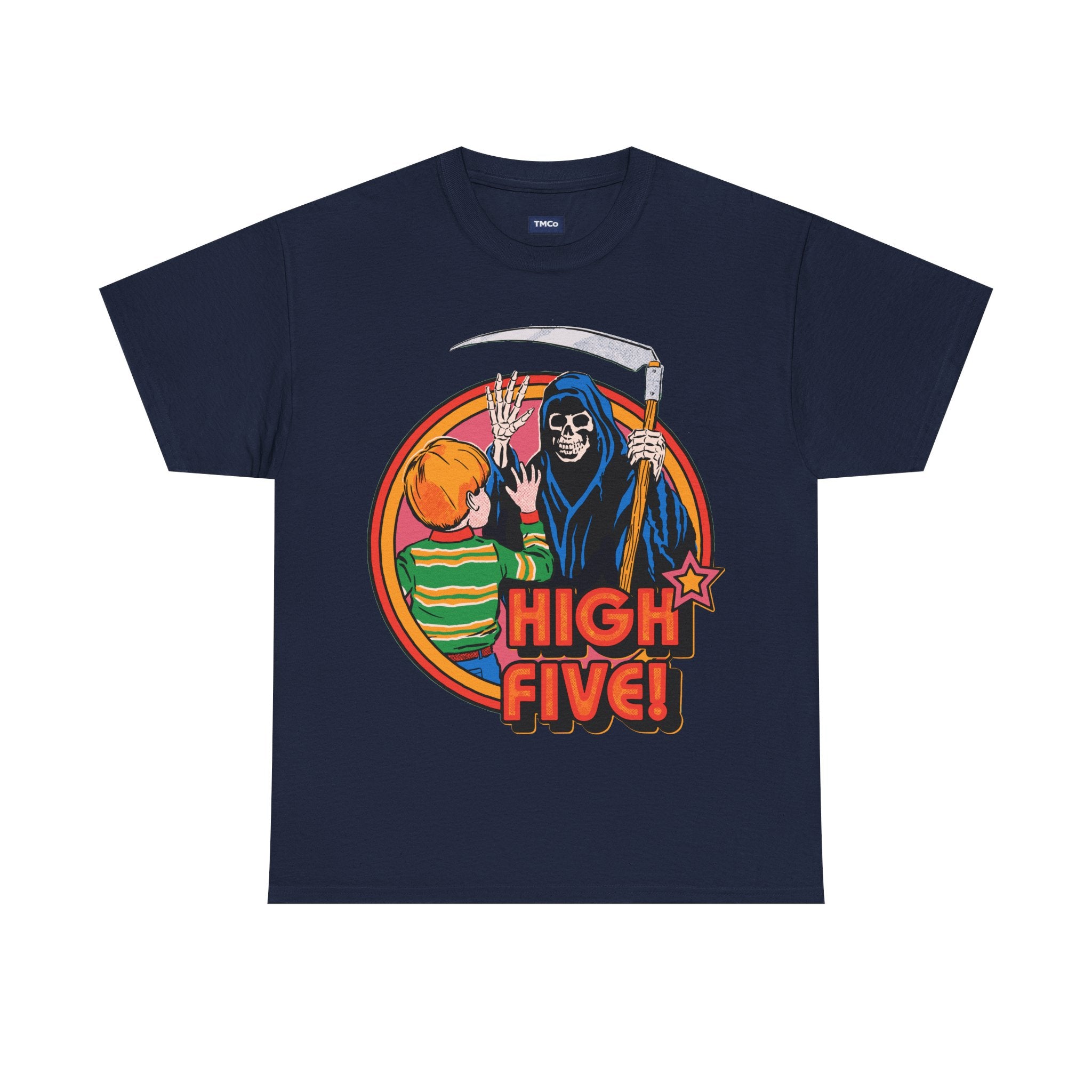 Graphic Tee — 'High Five!' Grim Reaper & Kid Retro Horror Illustration