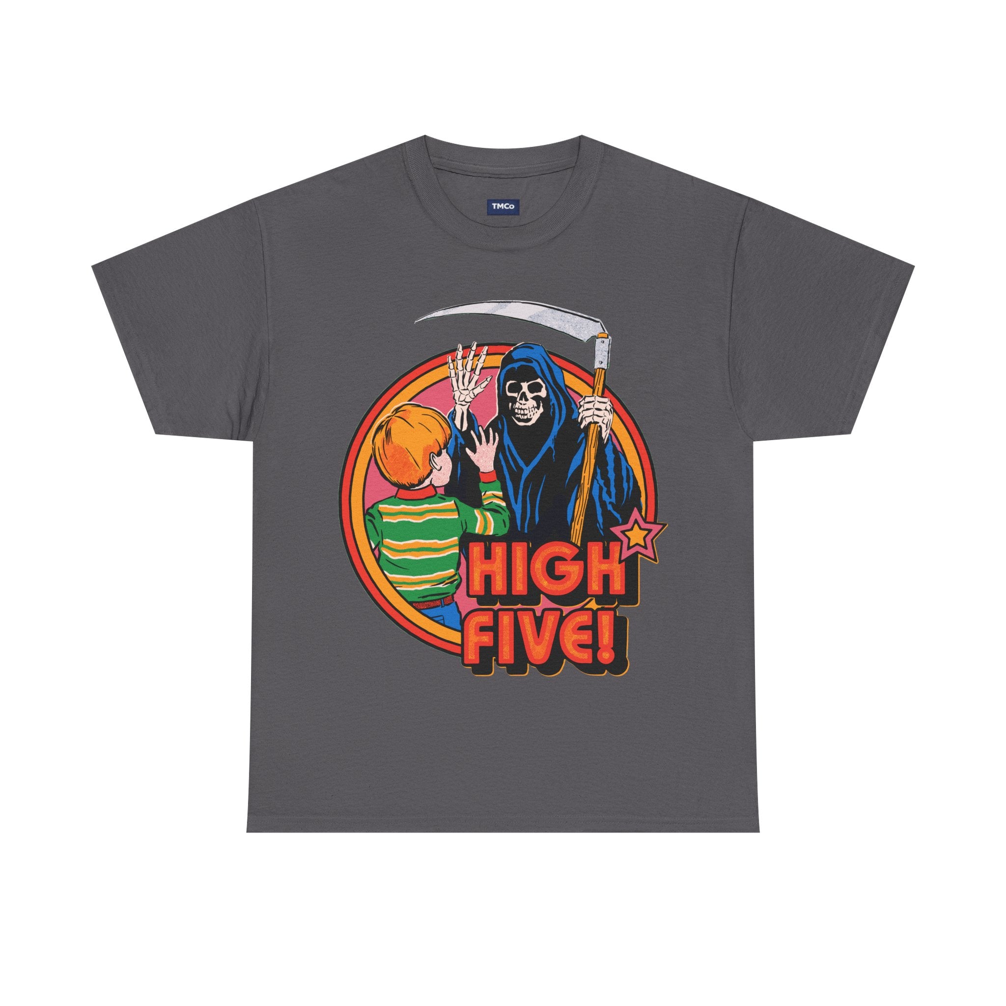 Graphic Tee — 'High Five!' Grim Reaper & Kid Retro Horror Illustration