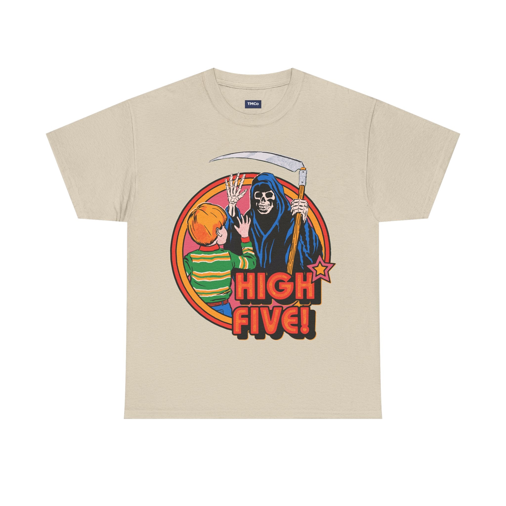 Graphic Tee — 'High Five!' Grim Reaper & Kid Retro Horror Illustration