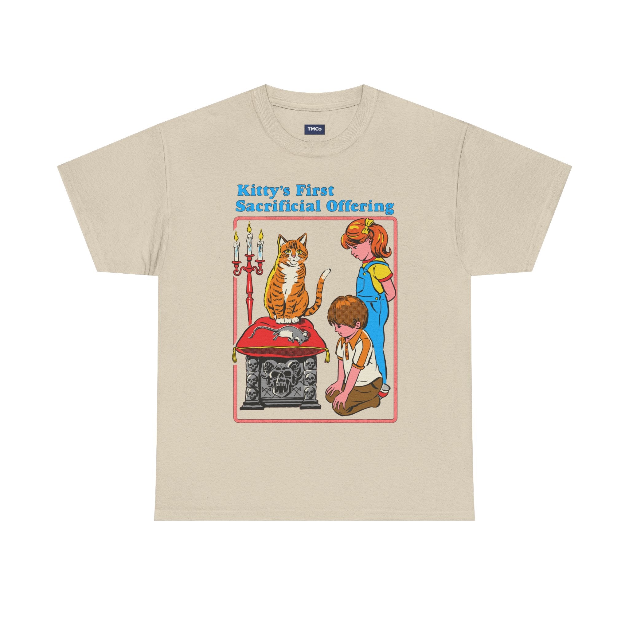 Cat Sacrifice T-Shirt — “Kitty’s First Sacrificial Offering” Retro Kids Illustration Tee