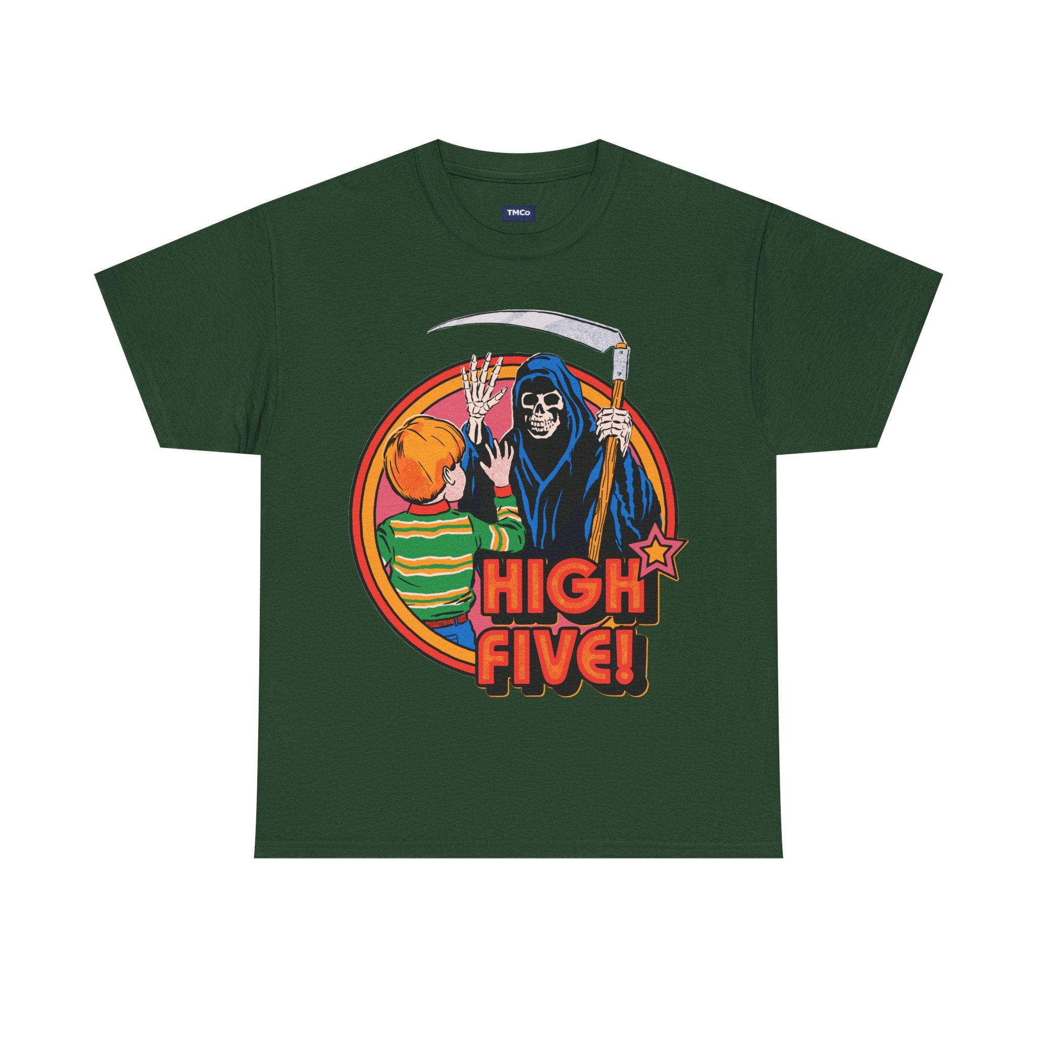 Graphic Tee — 'High Five!' Grim Reaper & Kid Retro Horror Illustration