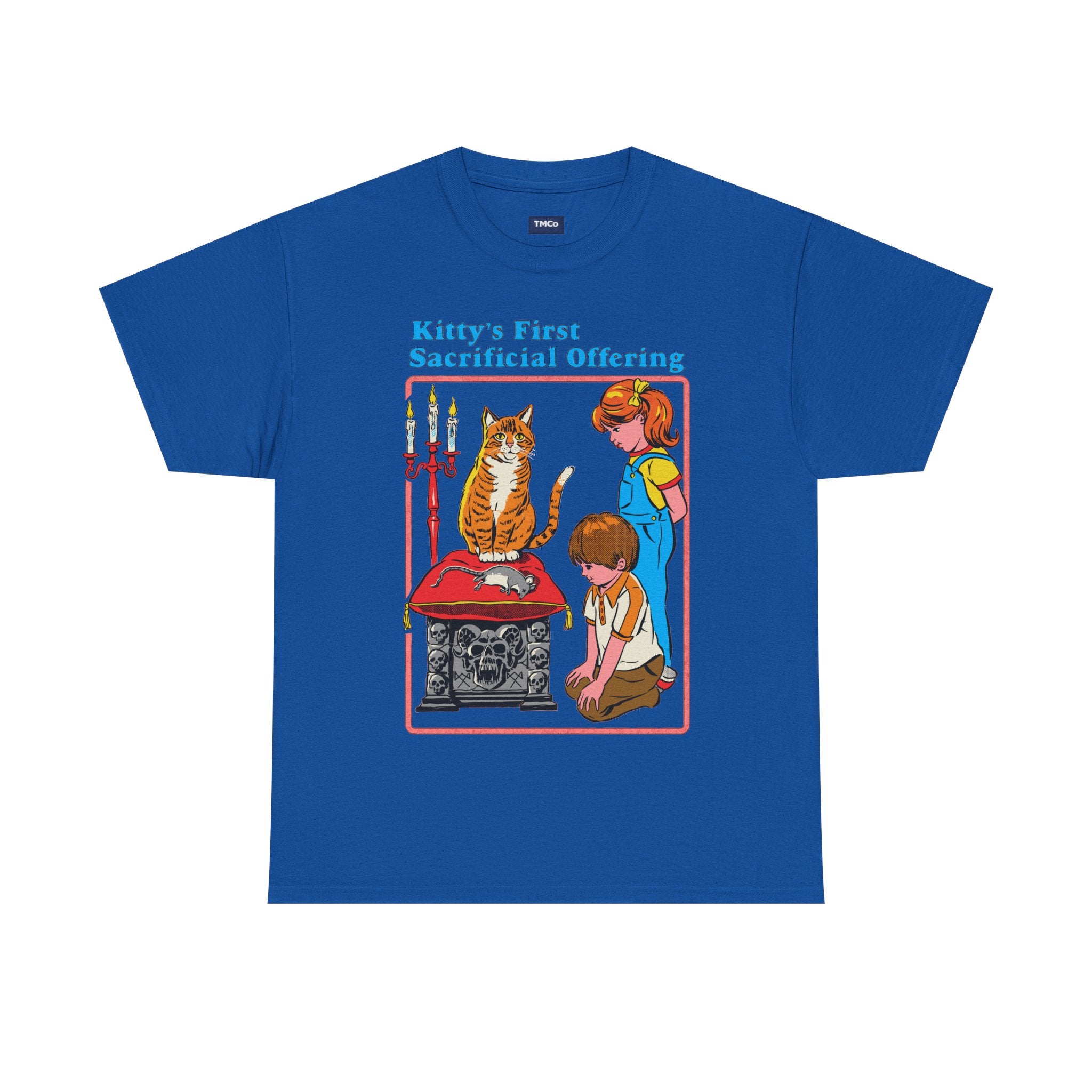 Cat Sacrifice T-Shirt — “Kitty’s First Sacrificial Offering” Retro Kids Illustration Tee