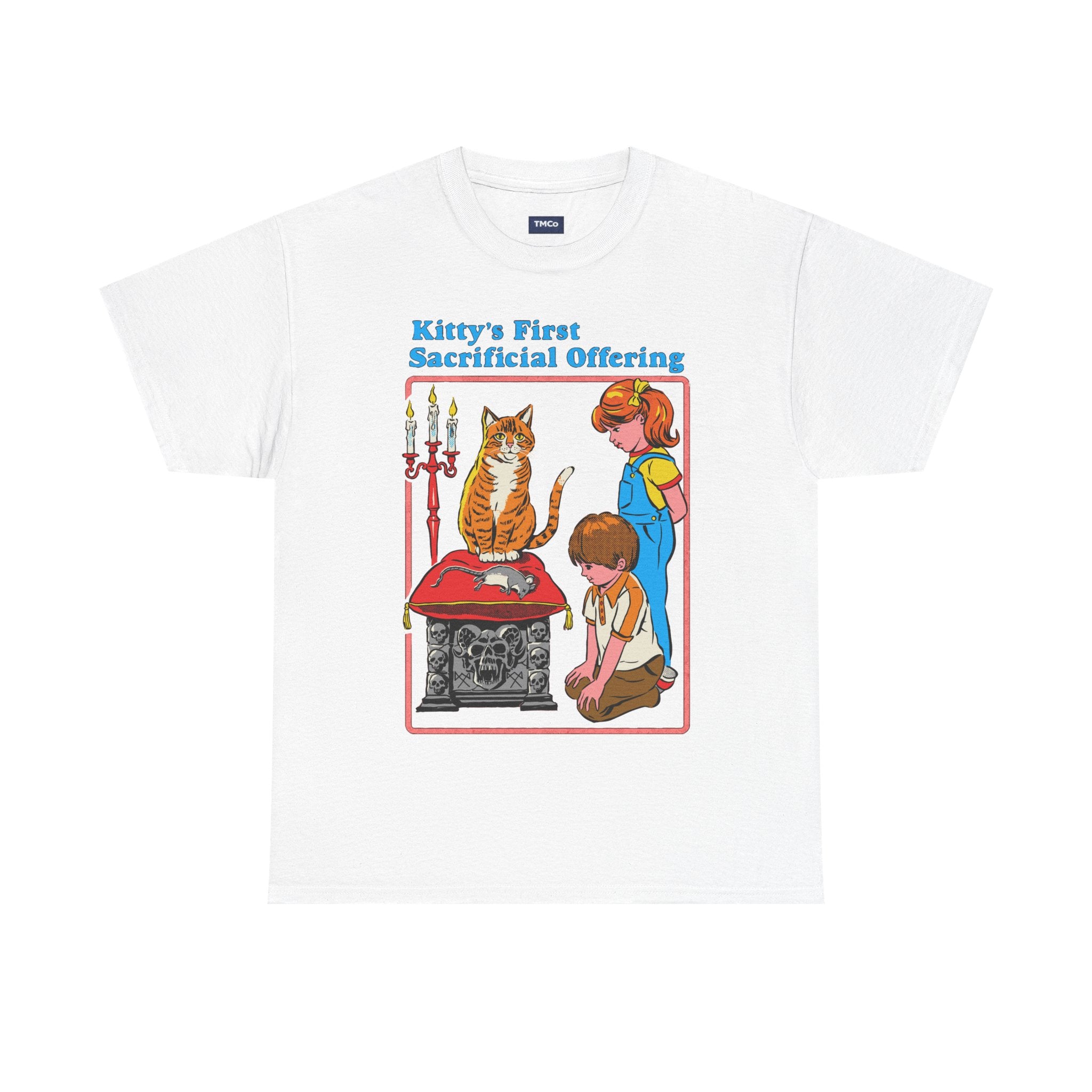 Cat Sacrifice T-Shirt — “Kitty’s First Sacrificial Offering” Retro Kids Illustration Tee