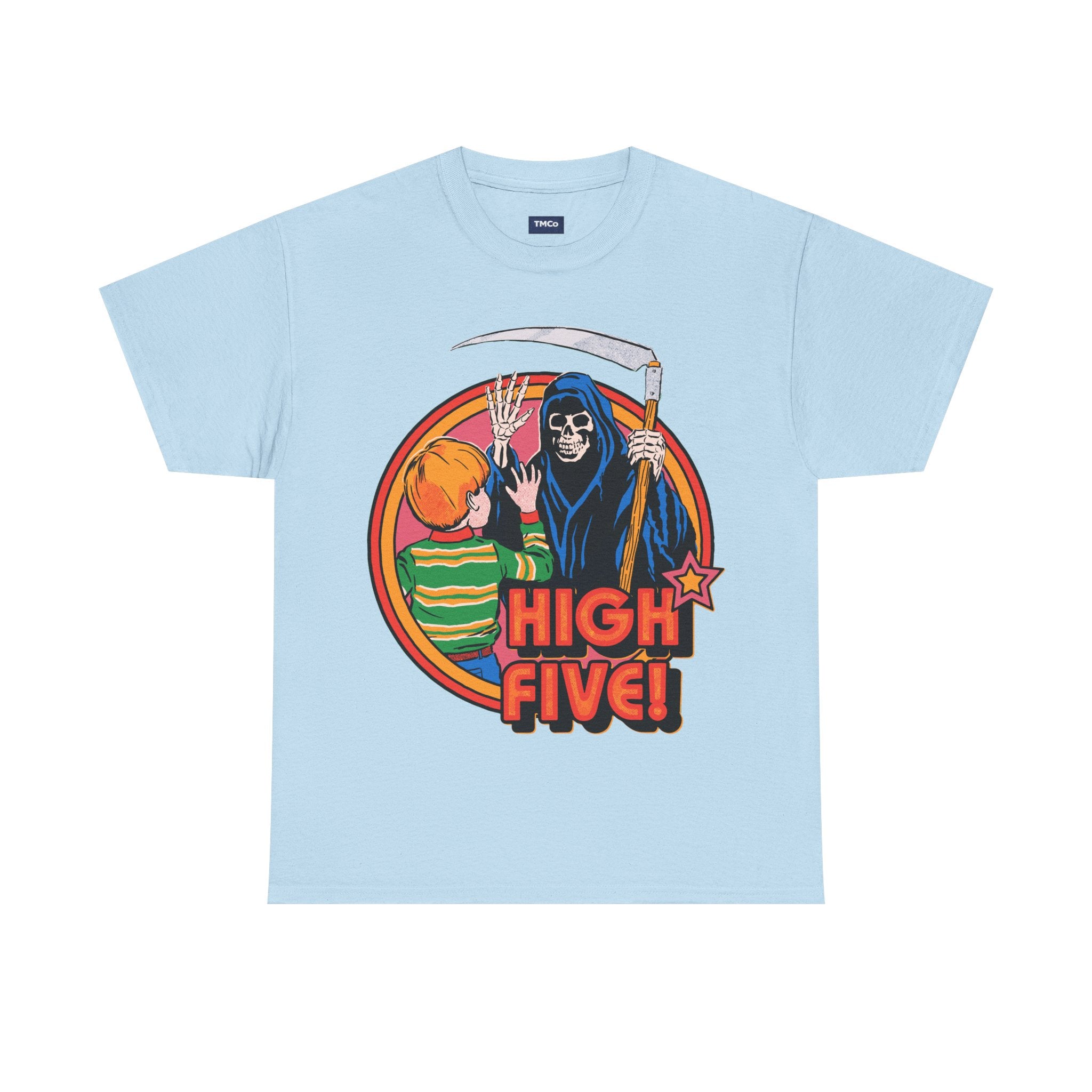 Graphic Tee — 'High Five!' Grim Reaper & Kid Retro Horror Illustration