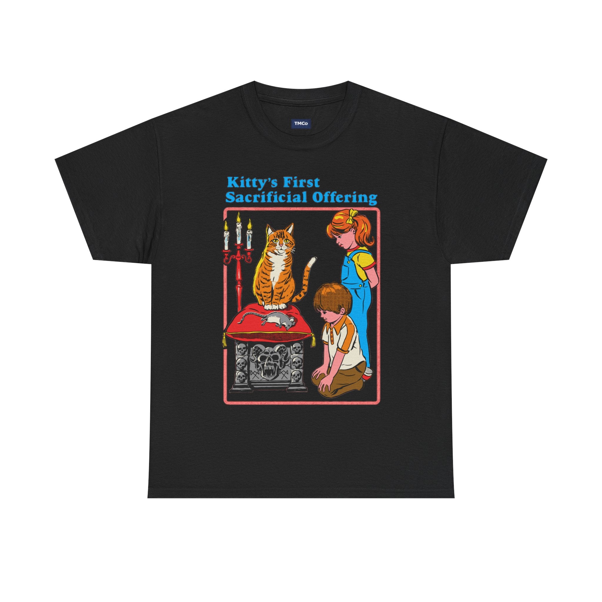 Cat Sacrifice T-Shirt — “Kitty’s First Sacrificial Offering” Retro Kids Illustration Tee