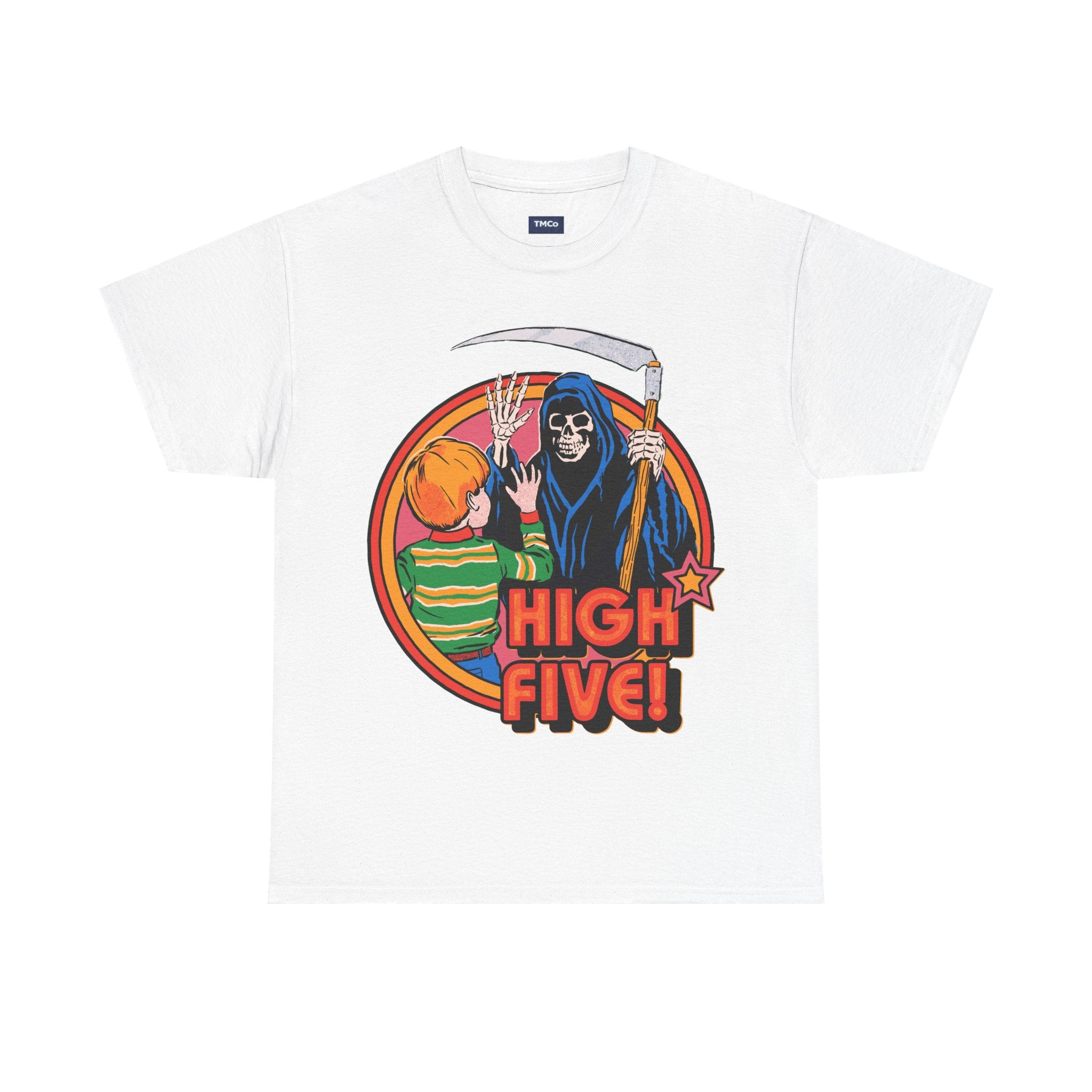 Graphic Tee — 'High Five!' Grim Reaper & Kid Retro Horror Illustration
