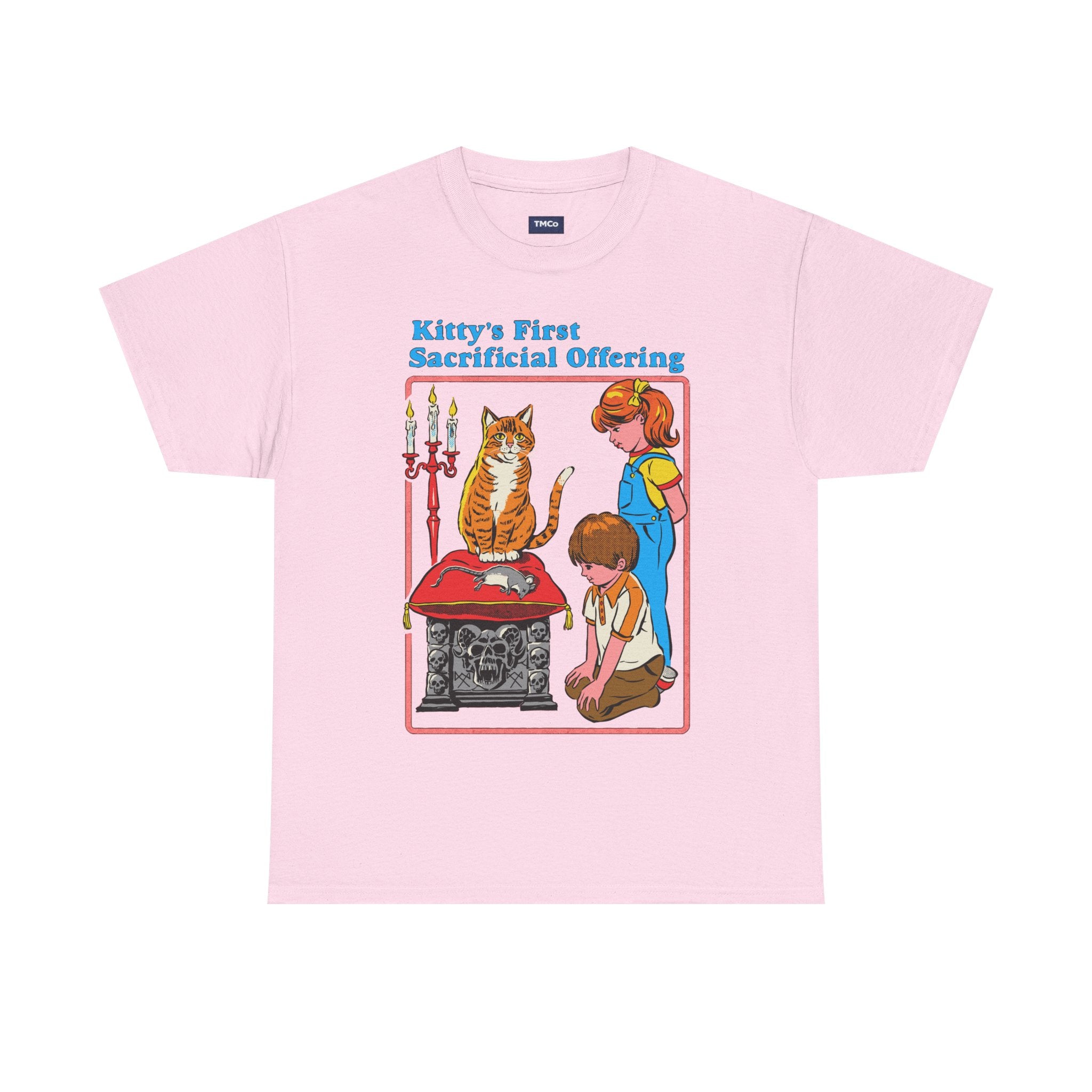 Cat Sacrifice T-Shirt — “Kitty’s First Sacrificial Offering” Retro Kids Illustration Tee