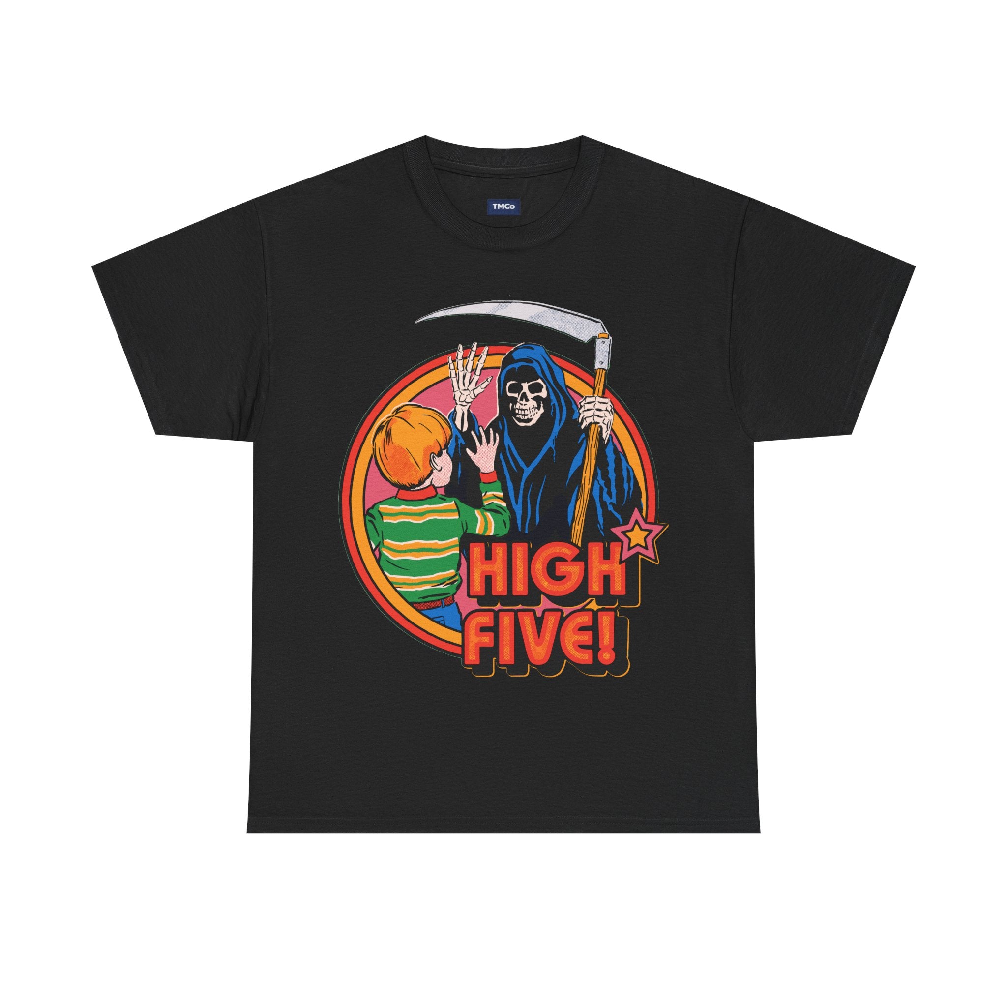Graphic Tee — 'High Five!' Grim Reaper & Kid Retro Horror Illustration