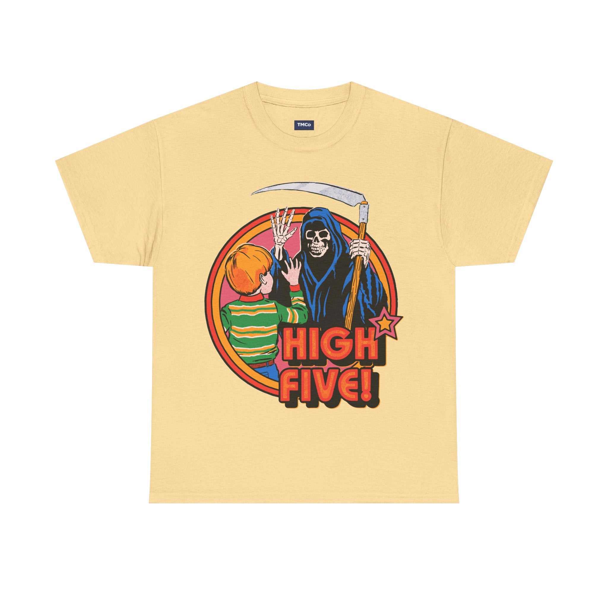 Graphic Tee — 'High Five!' Grim Reaper & Kid Retro Horror Illustration