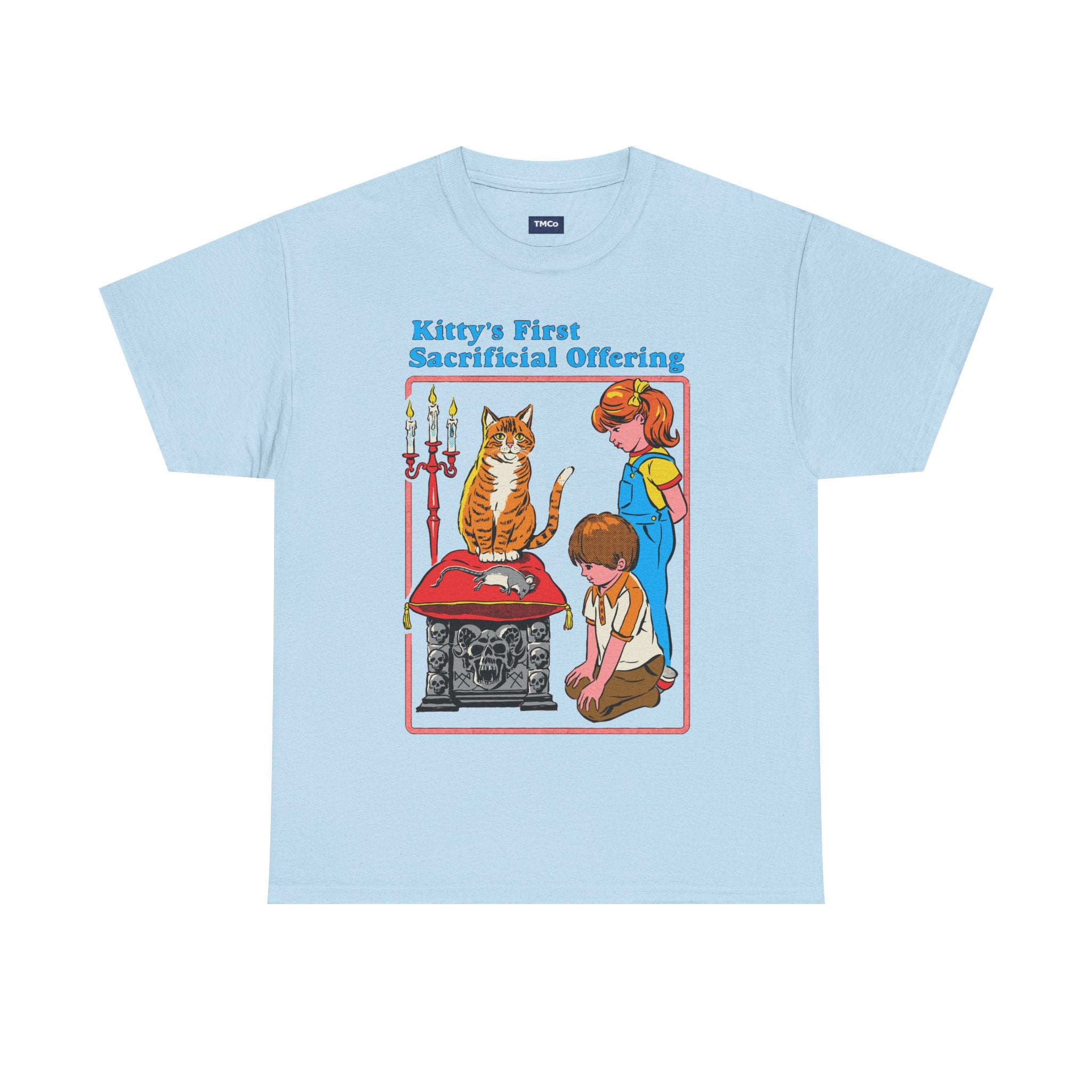 Cat Sacrifice T-Shirt — “Kitty’s First Sacrificial Offering” Retro Kids Illustration Tee