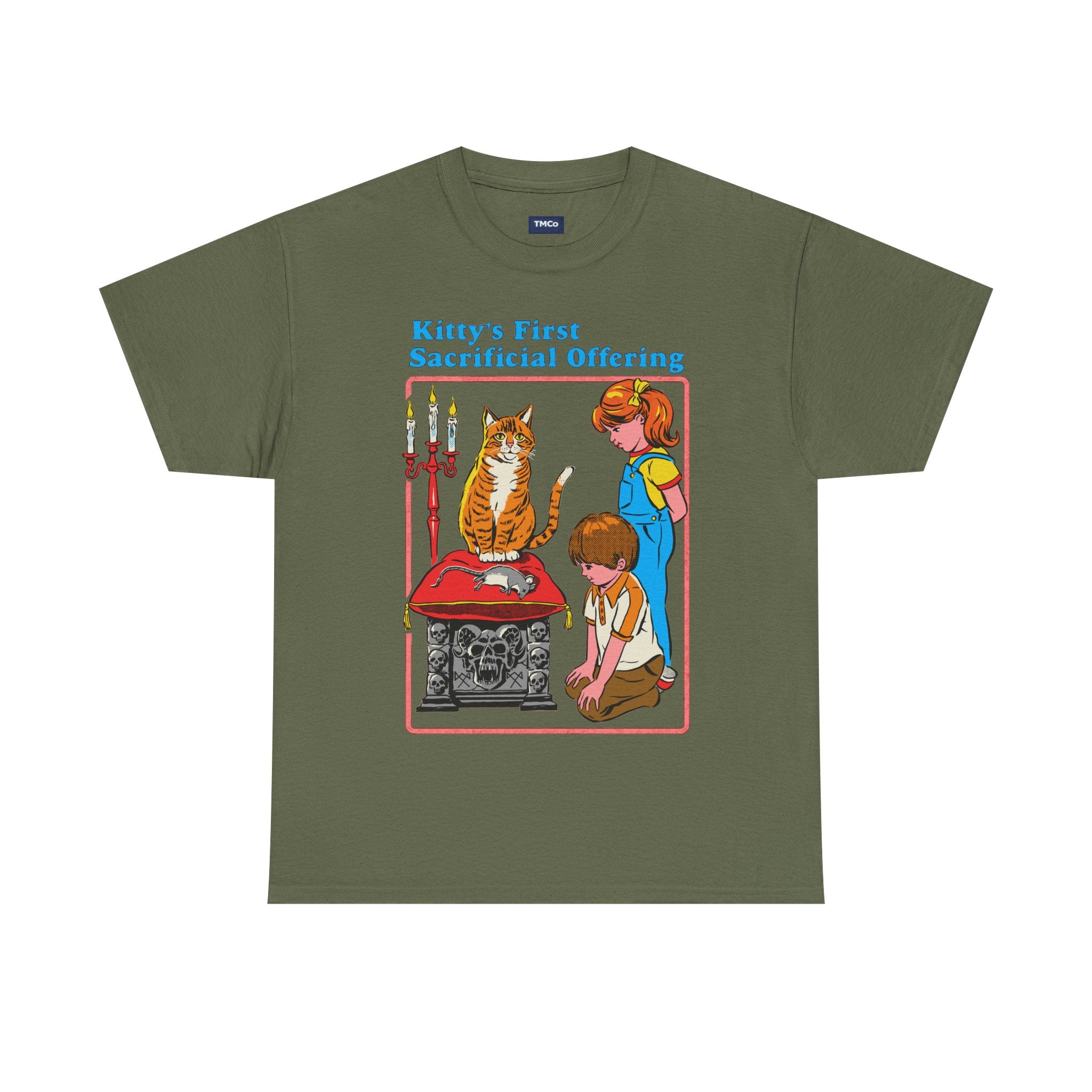 Cat Sacrifice T-Shirt — “Kitty’s First Sacrificial Offering” Retro Kids Illustration Tee